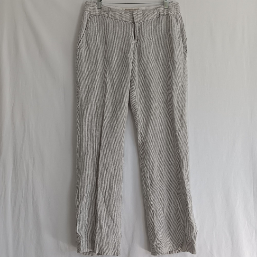 Banana Republic Martin Fit Pants Women 10 Gray/White Striped Linen Straight Leg